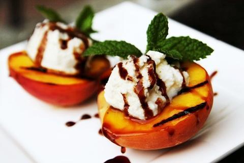 JAG Grilled Cinnamon Peaches With Pecans & Ice Cream